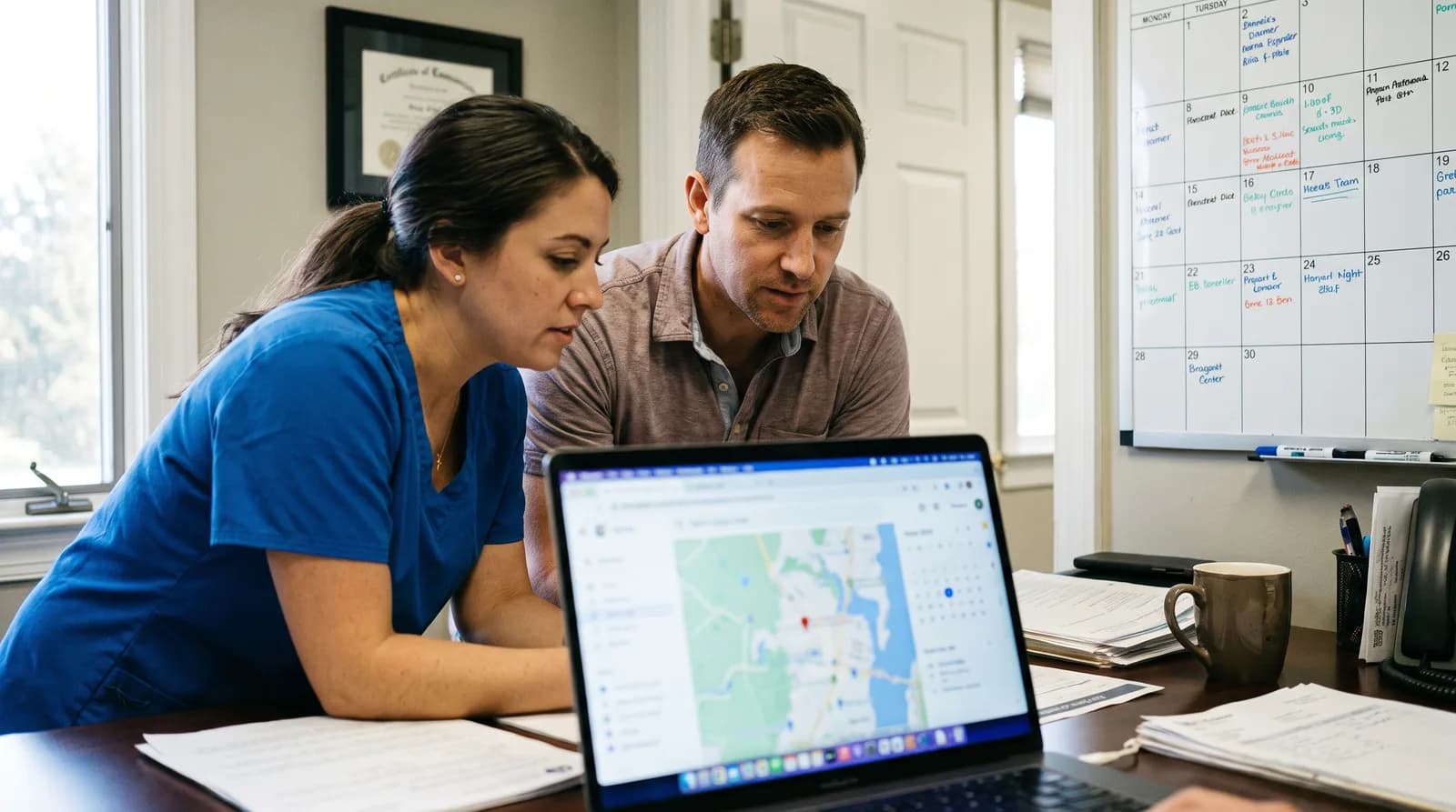 Dental office team reviewing Google Maps local pack rankings on a tablet to plan a 30-day local SEO implementation
