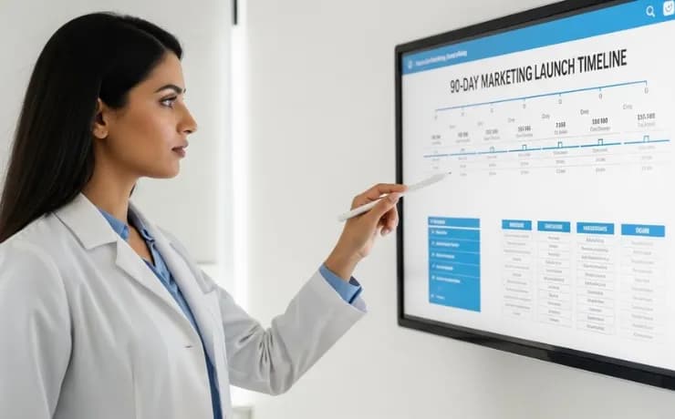 New dental clinic owner reviewing a 90-day marketing timeline on laptop, planning SEO, ads, and patient growth strategy
