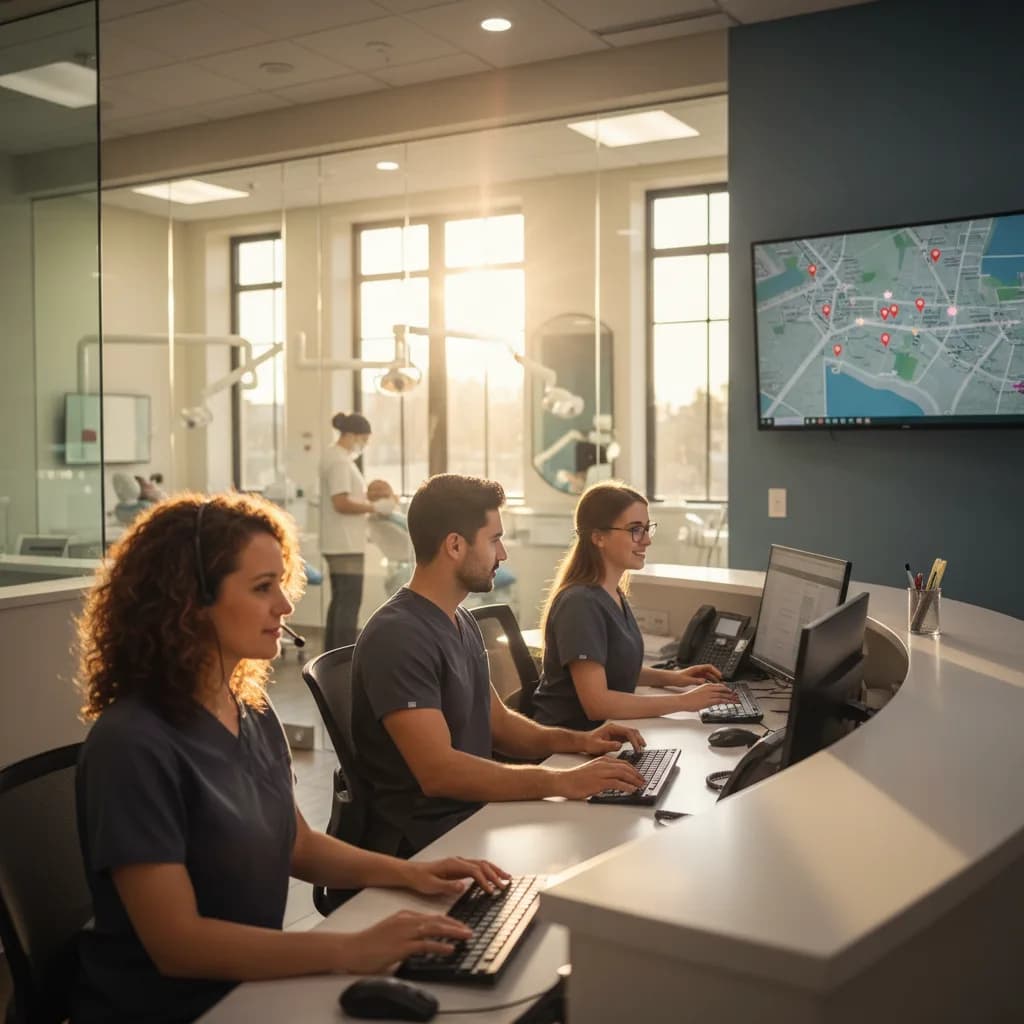 Multi-location dental phone management showing routing and reporting across offices