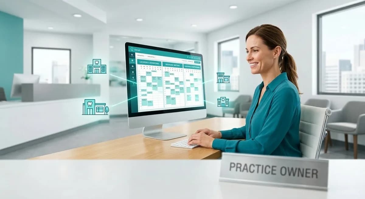 An office manager effortlessly viewing appointments across multiple dental clinics using centralized software.