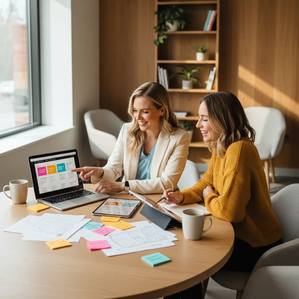 Dental team reviewing a colorful patient newsletter on a laptop, discussing ideas in a modern clinic waiting area setting