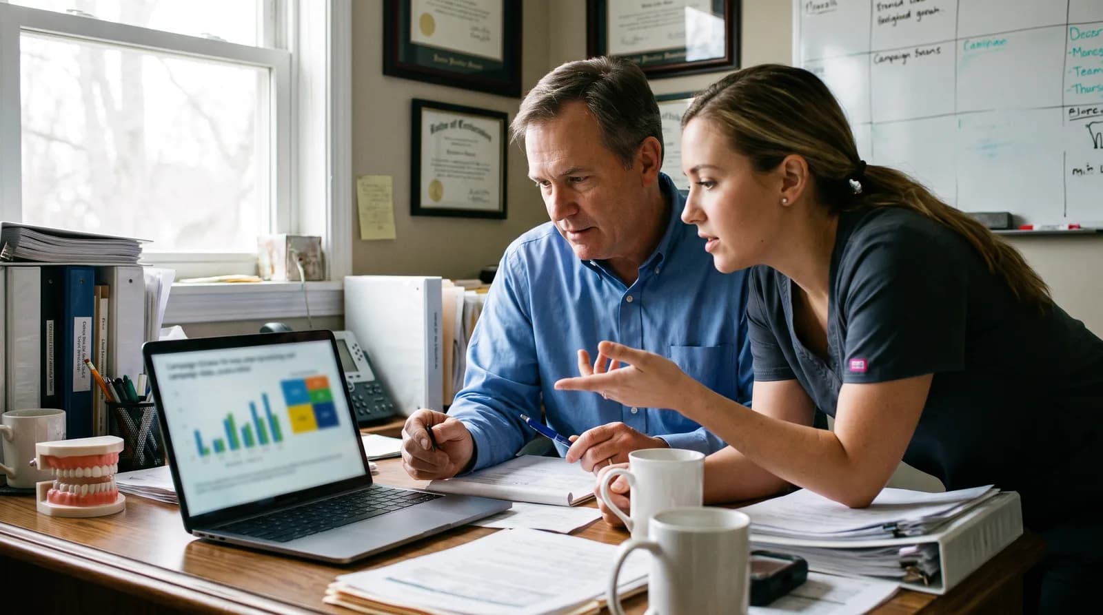 Three marketing team members reviewing orthodontic advertising performance on a bar chart dashboard in a sunlit office