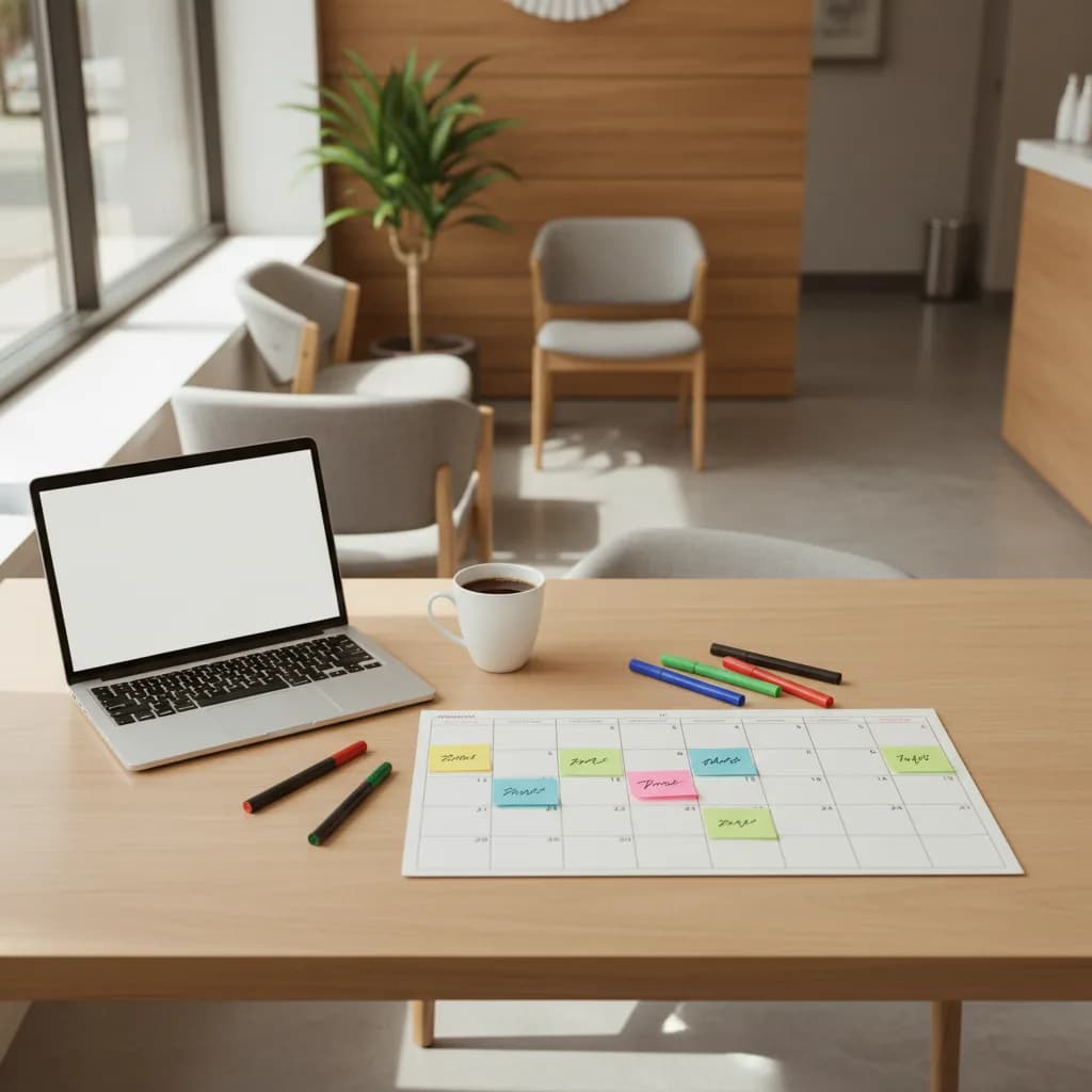 Overhead view of a content planning session with calendar, sticky notes, and laptop for a dental marketing content plan