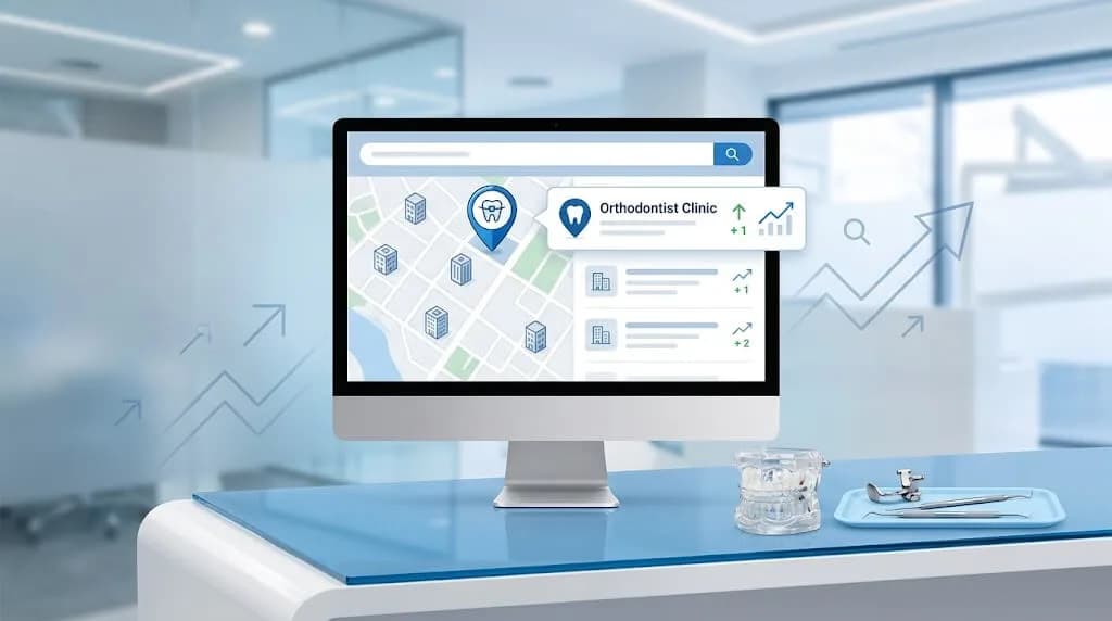 Orthodontic clinic featured in a local Google-style map search with braces and aligner visuals representing SEO for orthodontists in 2026