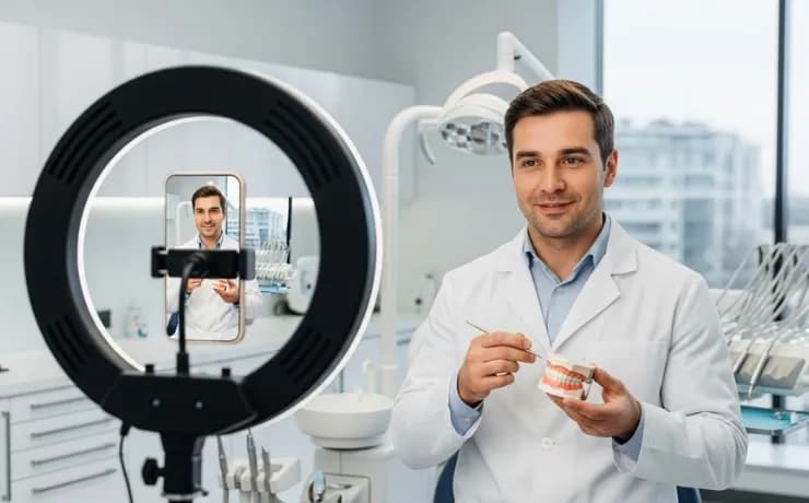 Dentist filming a short TikTok video in a modern dental office, smiling staff and dental chair visible, showing social media