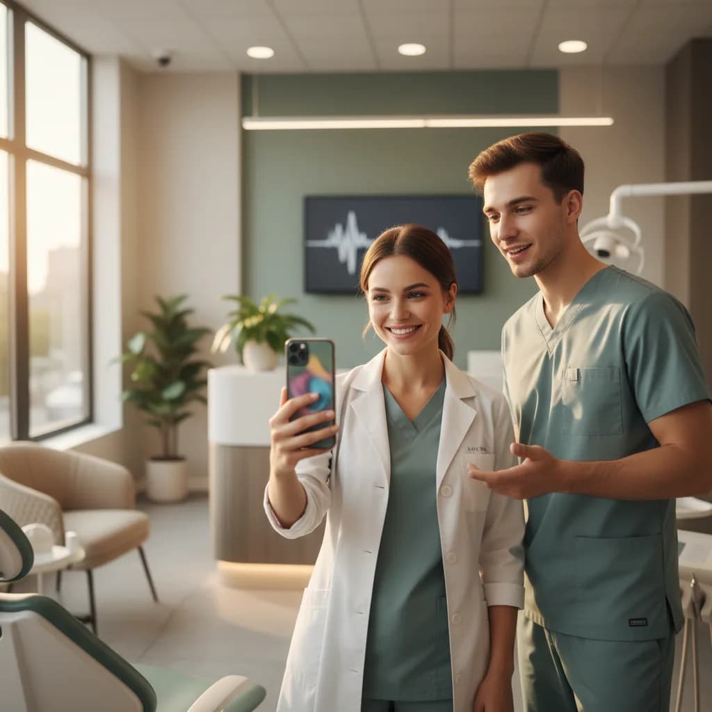 Dentist filming a short TikTok video in a modern dental office, smiling staff and dental chair visible, showing social media