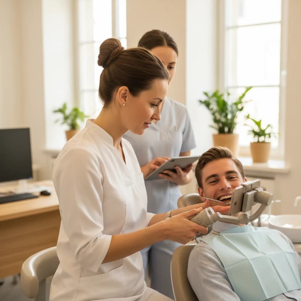 Dentist filming a friendly smartphone video in a bright dental office using a tripod and ring light to explain treatment