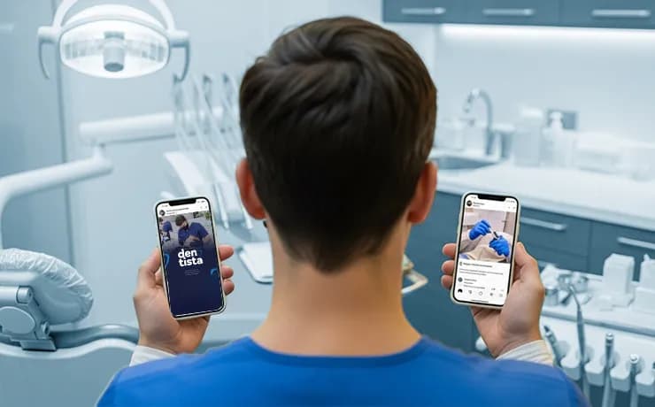 Dental team filming Instagram story and feed post in clinic, dentist smiling while showing before-and-after photos on phone
