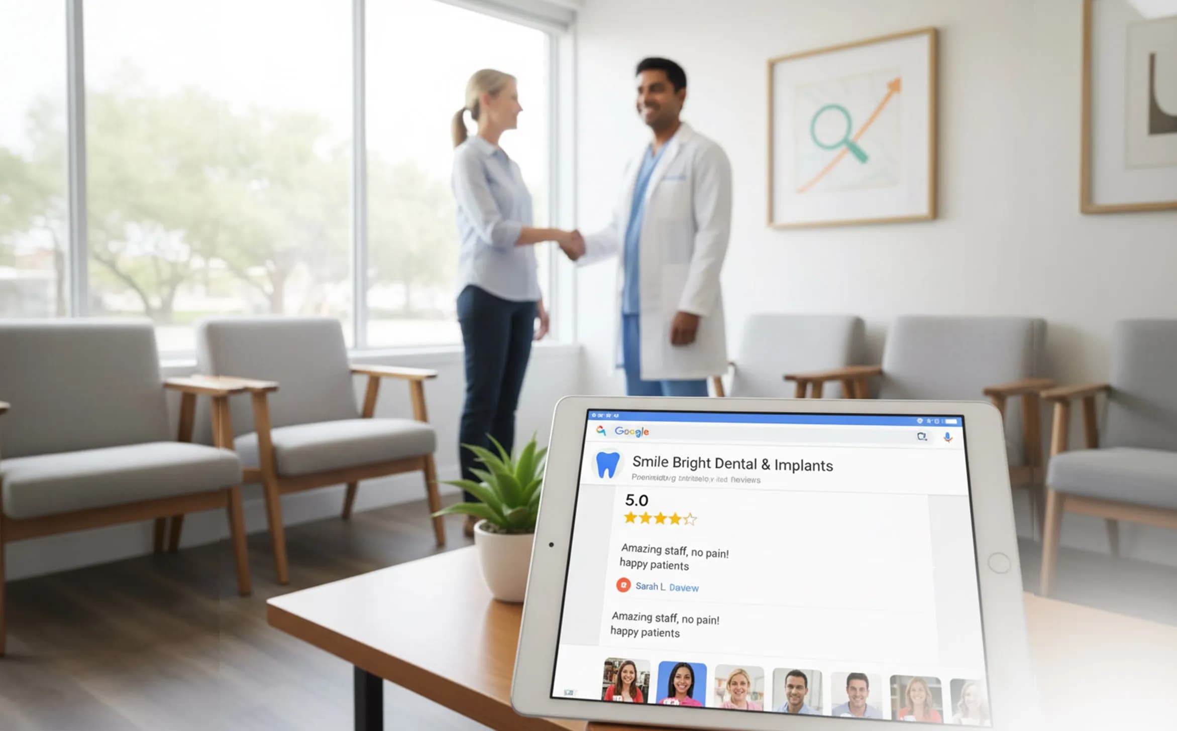 Smiling patient shows phone with five-star Google review as dentist and staff stand in modern dental reception area
