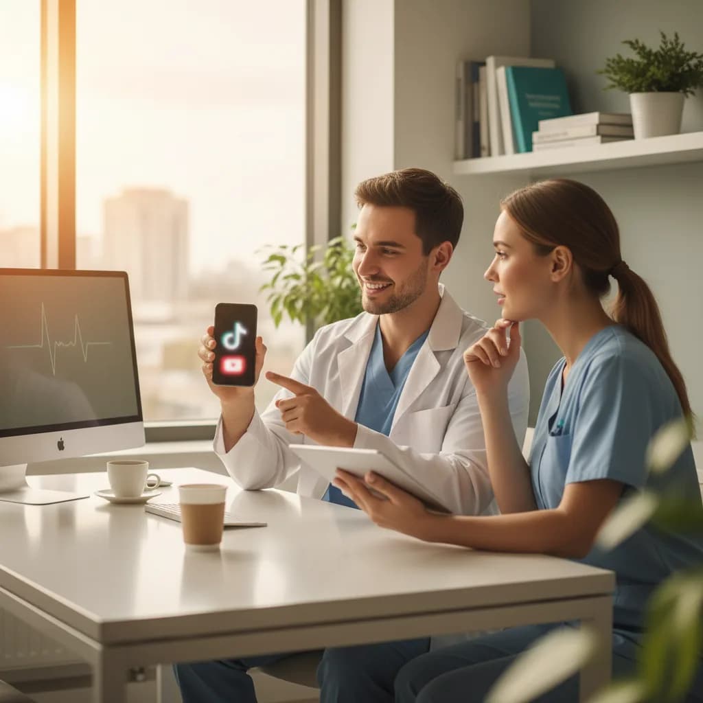 Dentist filming short TikTok video in modern dental office while another records a YouTube education clip for patients