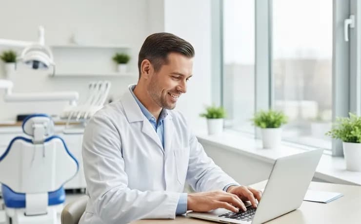 Smiling dentist reviewing SEO keyword plan on laptop with local maps and dental icons, focused on attracting local patients