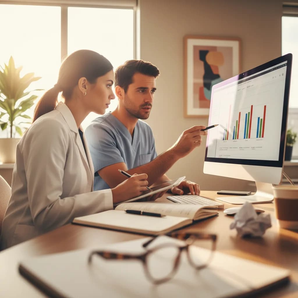 A dentist reviews Google Ads analytics on a laptop while a team member points out keywords and fixes to boost patient calls