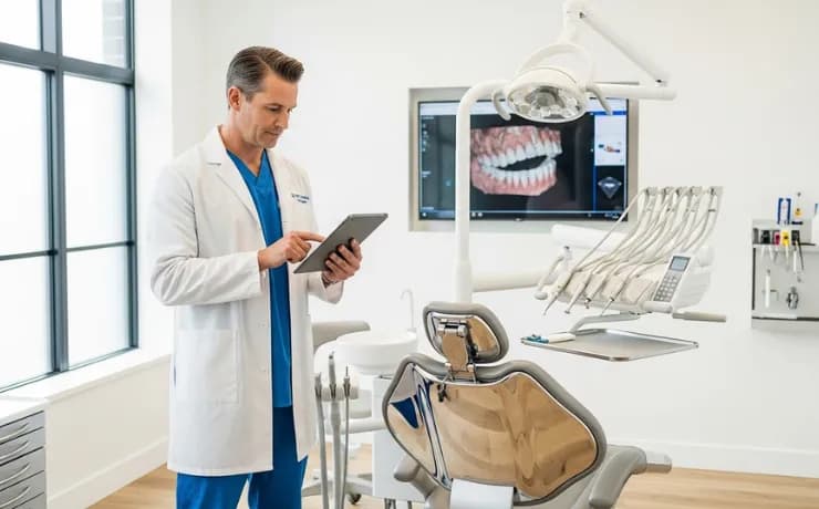 A dentist reviews Google Ads analytics on a laptop while a team member points out keywords and fixes to boost patient calls