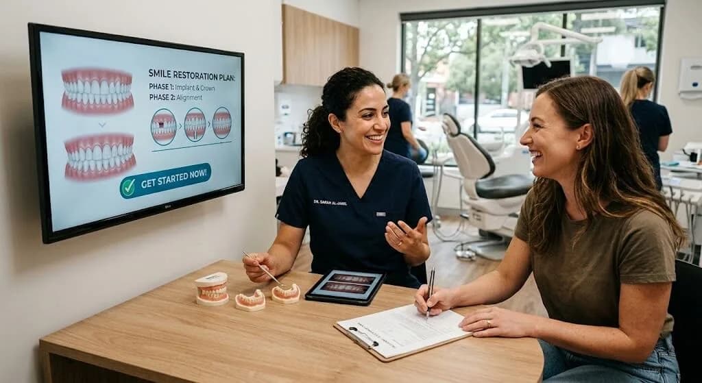 Dentist showing a patient an intraoral camera image on a monitor during a treatment consultation