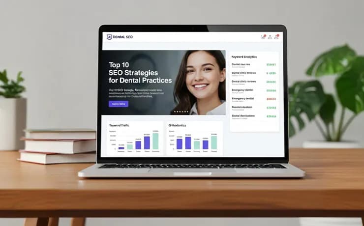 Modern dentist reviewing website SEO on laptop, checking page speed, keywords, backlinks, and Google Maps results locally