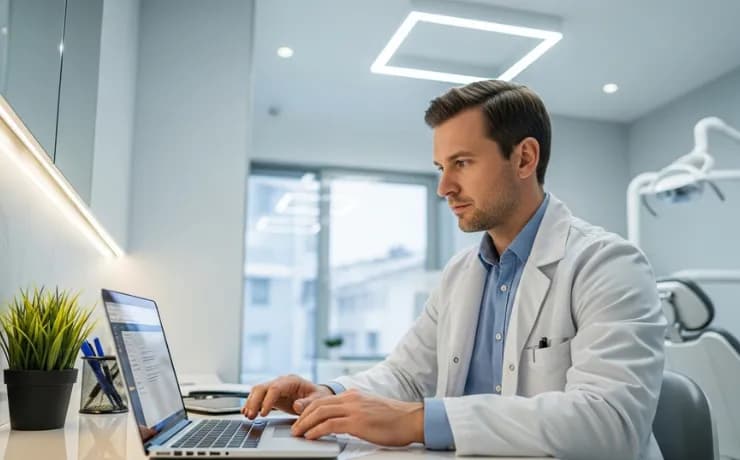 Dentist reviewing AI analytics dashboard showing ad performance, website heatmaps, and patient reviews on a dental computer