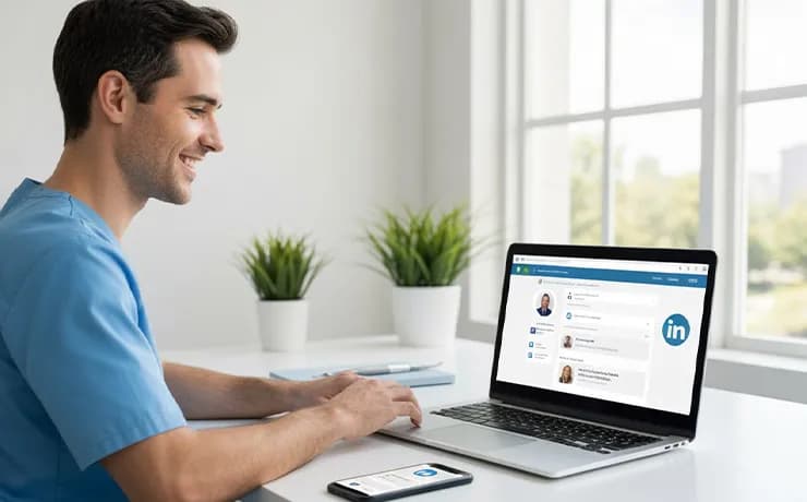Dentist at desk using LinkedIn on laptop while connecting with local doctors and specialists to build dental referrals