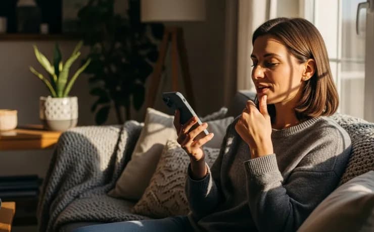 Dental patient speaking with a friendly AI virtual assistant on a tablet inside a modern dental office reception area