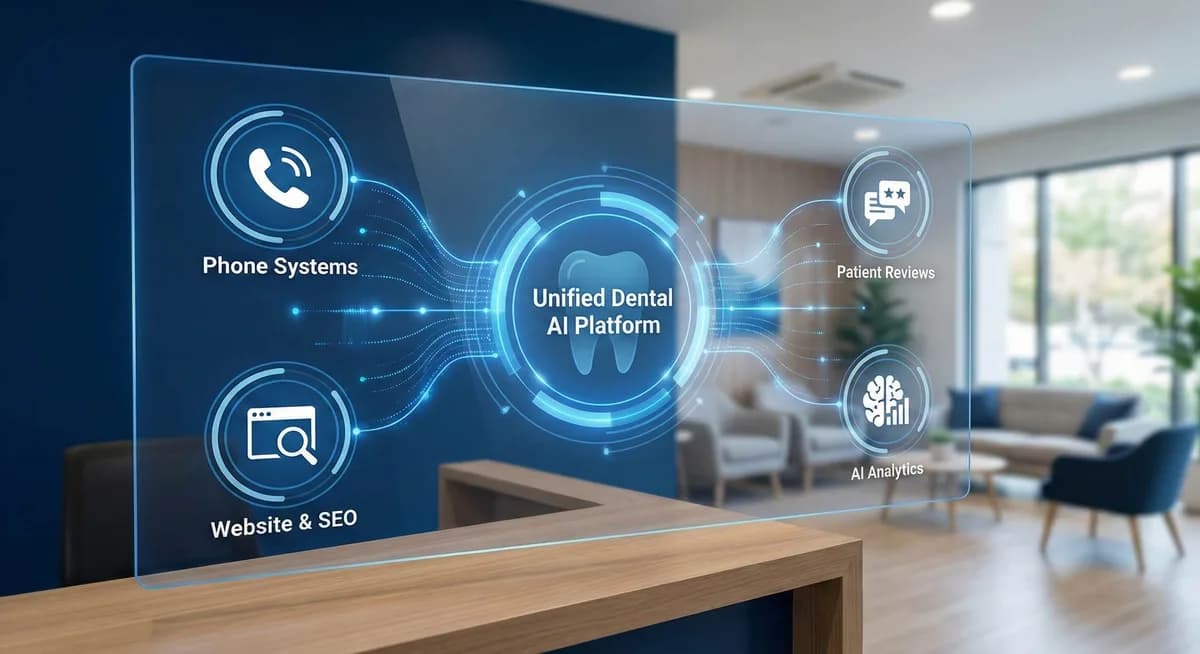 An abstract illustration of four glowing nodes — a phone, a marketing ad, a calendar, and a patient profile — all connected through a central glowing hub, representing a shared patient context layer.