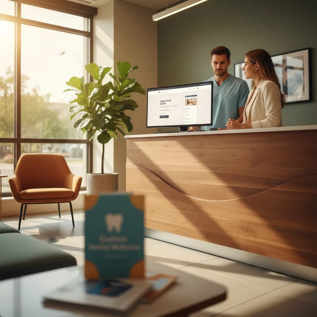 Smiling dentist reviewing a custom dental website on a laptop while a patient uses a smartphone to book an online appointment