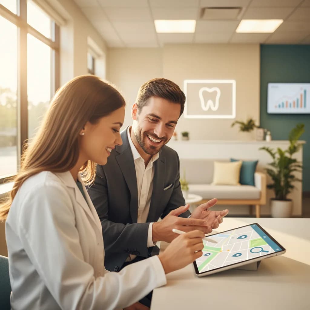 Modern dental office team reviewing Google Maps local 3-Pack results on a tablet to improve visibility and attract patients