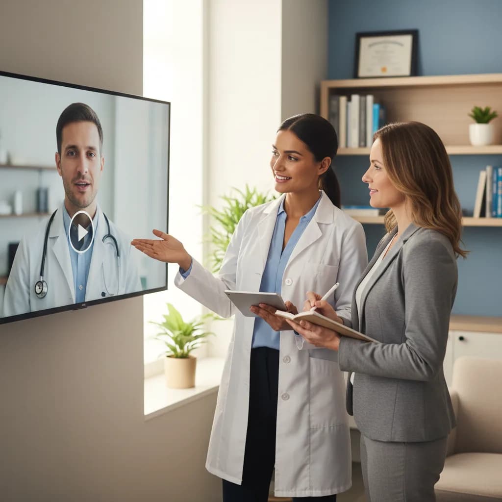 Dentist speaking warmly to camera in bright dental office, smiling in white coat during a meet the doctor video shoot