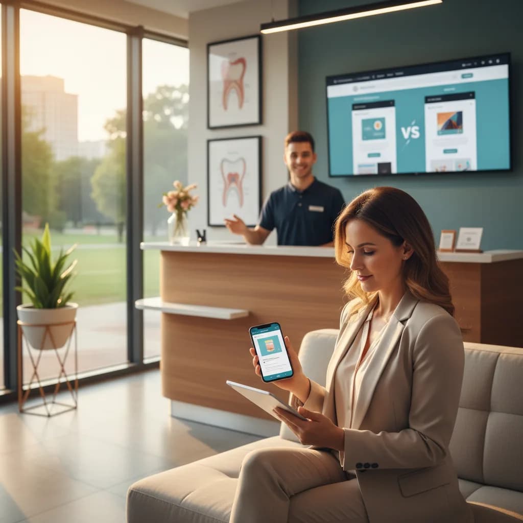 Patient using smartphone to book dental appointment on mobile-optimized website, with dentist office homepage loading quickly.