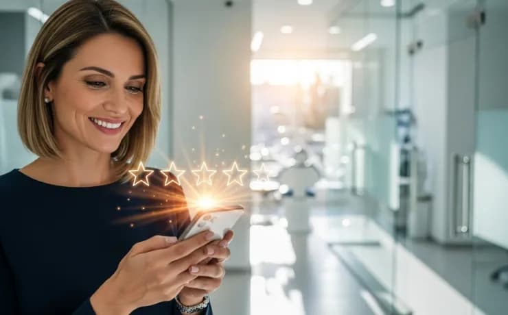 Smiling patient reading five-star Google reviews on a smartphone while seated in a dental waiting room with staff nearby.