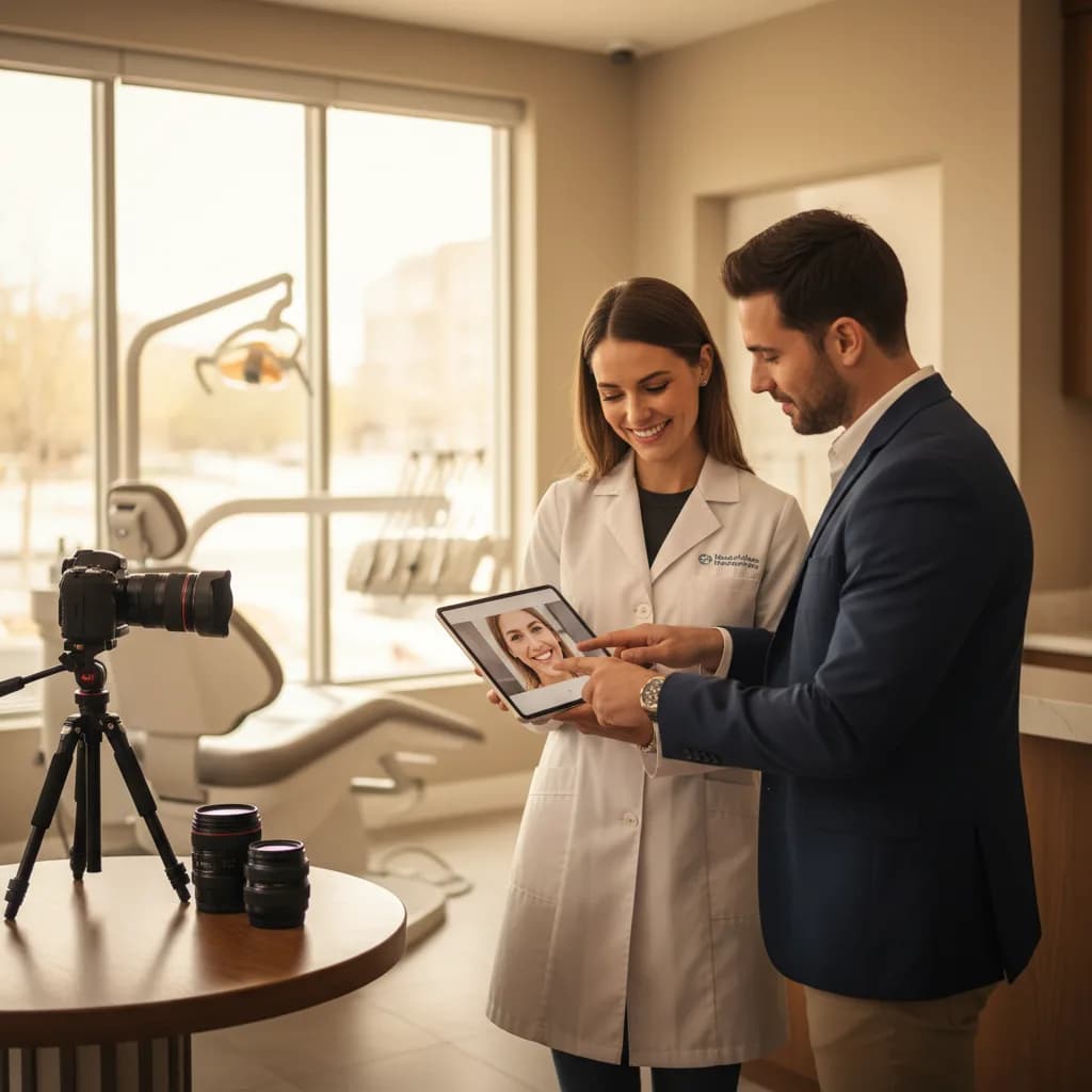 Dentist filming patient testimonial with camera and lights in bright dental clinic, showing equipment and friendly staff