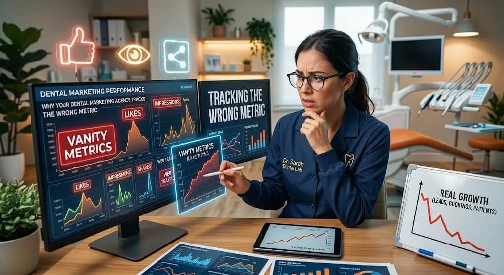 Dental practice owner comparing vanity marketing metrics with revenue-based performance metrics on a modern analytics dashboard.