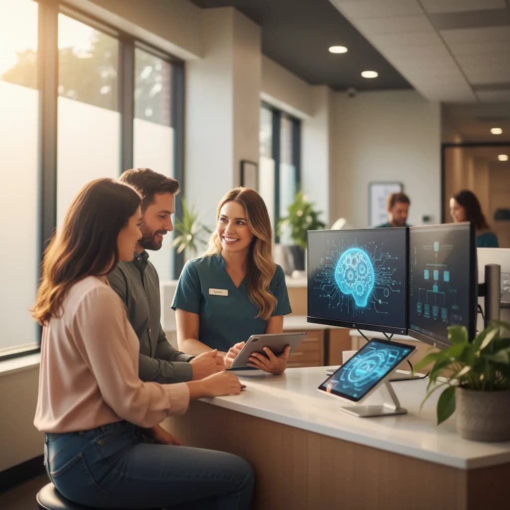 Modern dental reception desk at dusk with a monitor, phone, and glowing AI light patterns.