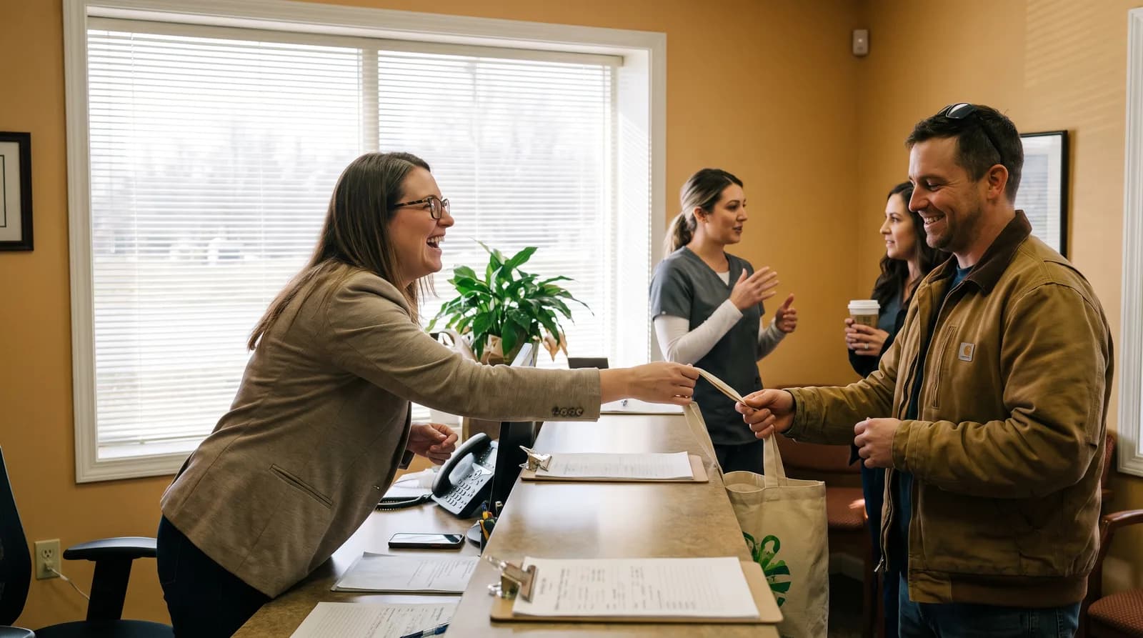 Dental office front desk staff discussing word-of-mouth dental marketing referral tracking with a patient