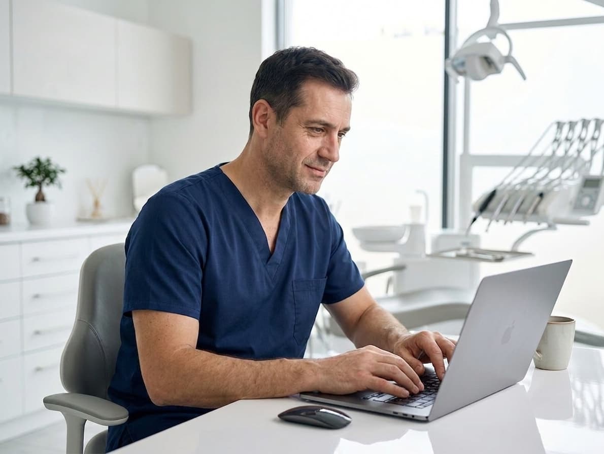 Smiling patient looking at a phone