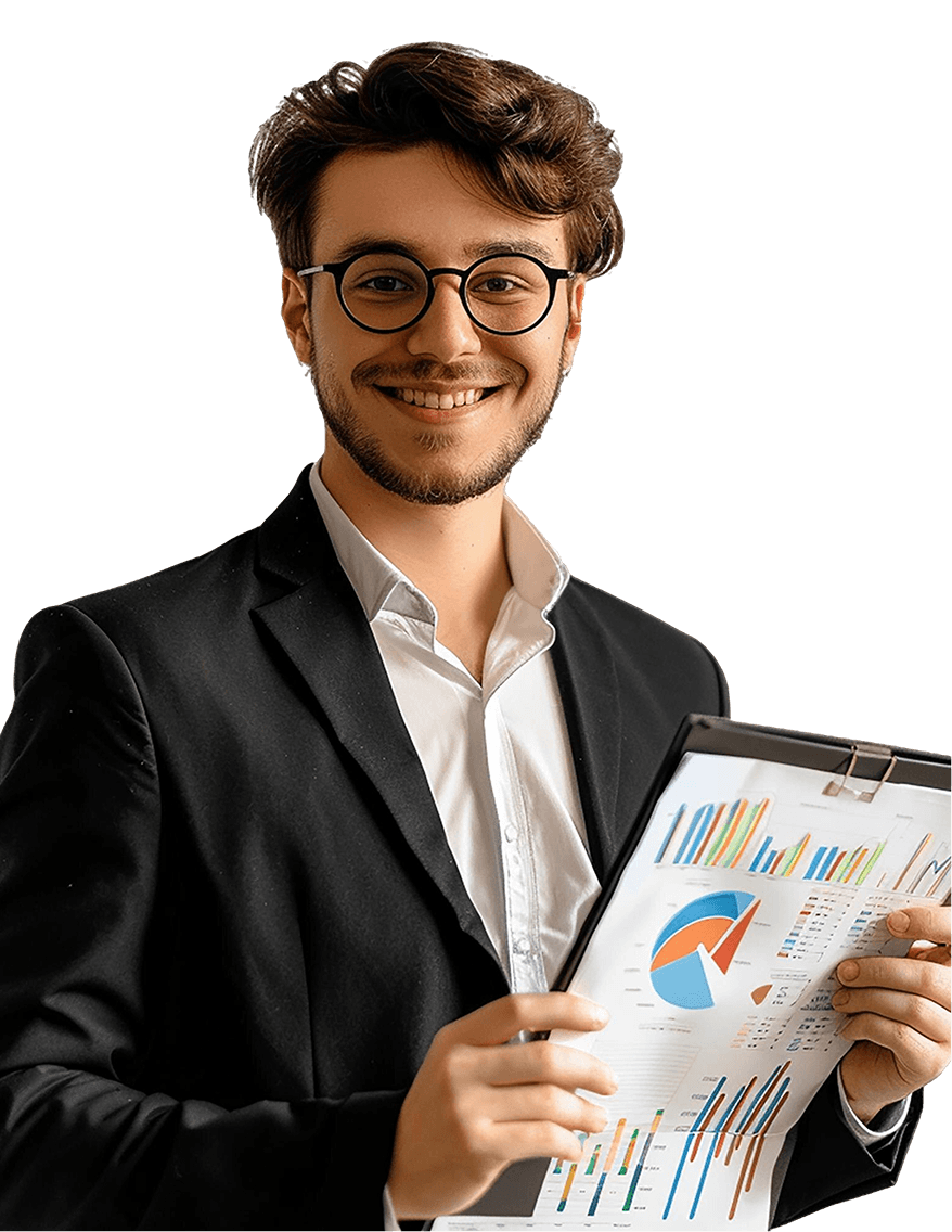 A professionally dressed man wearing glasses and holding a clipboard